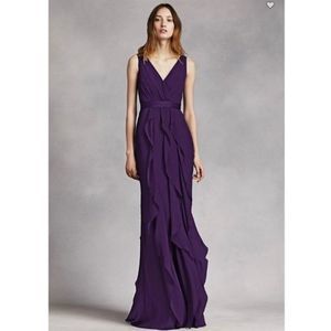 Vera Wang White Collection Purple V-Neck Wrapped Bodice Dress With Ruffle